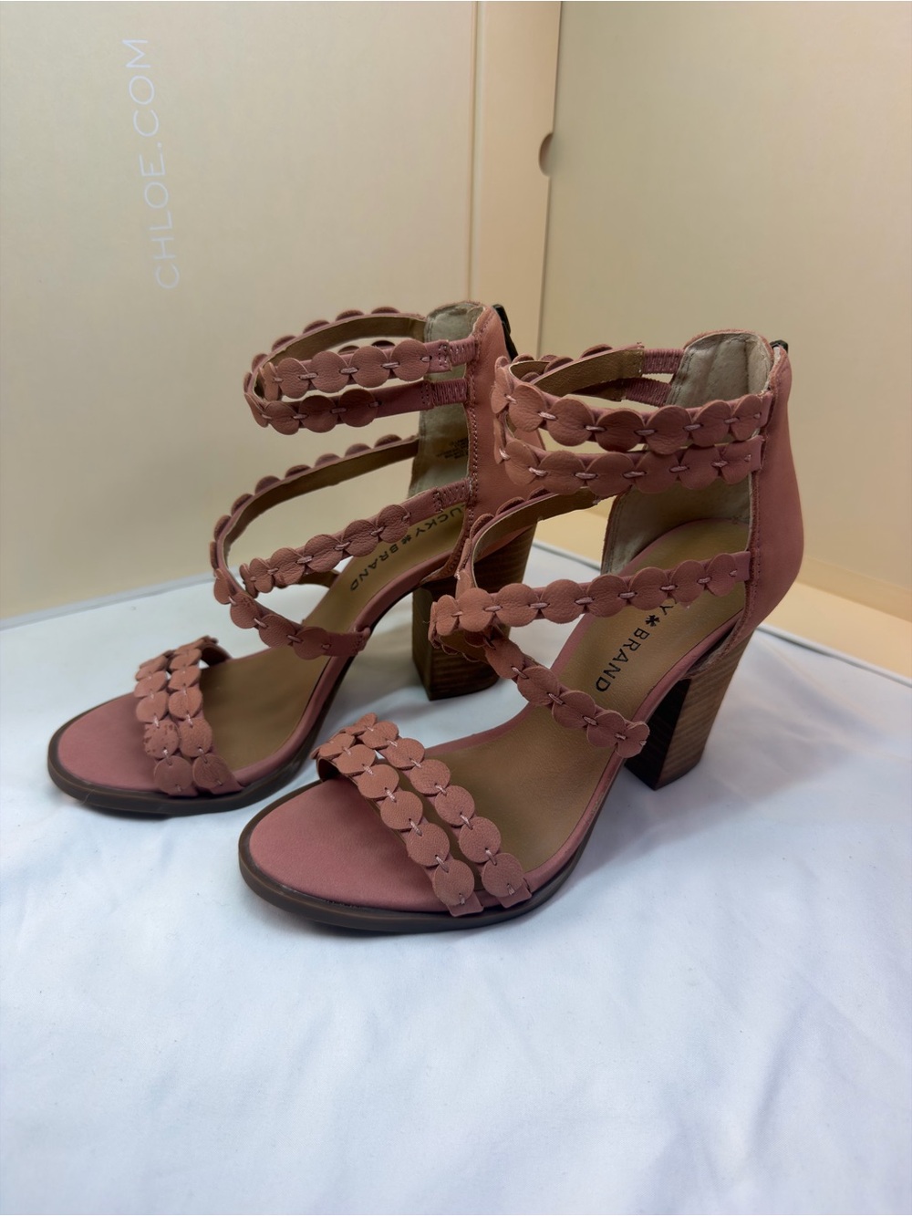 Lucky Brand Rose Pink Scalloped Strap Block Heels